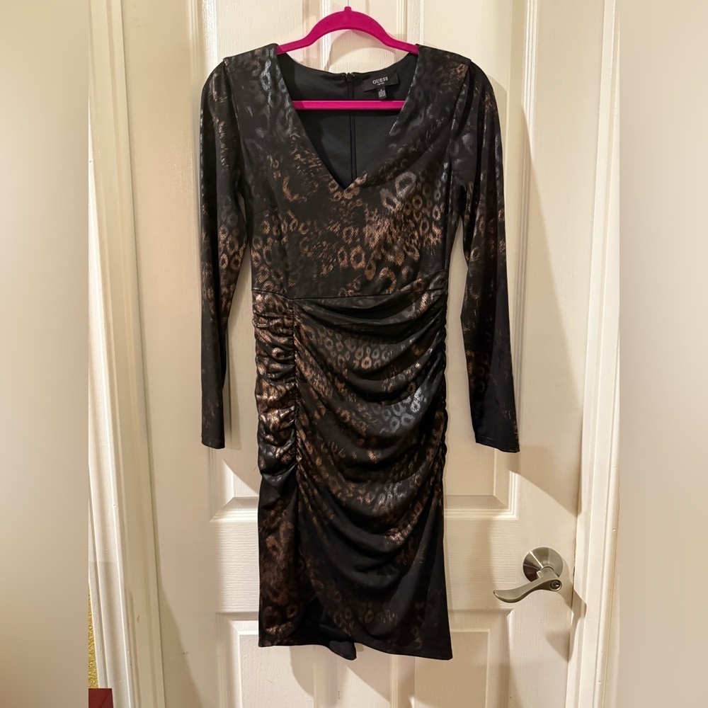 Guess Black and Gold Ruched Bodycon Dress Size Small Cocktail Date Night